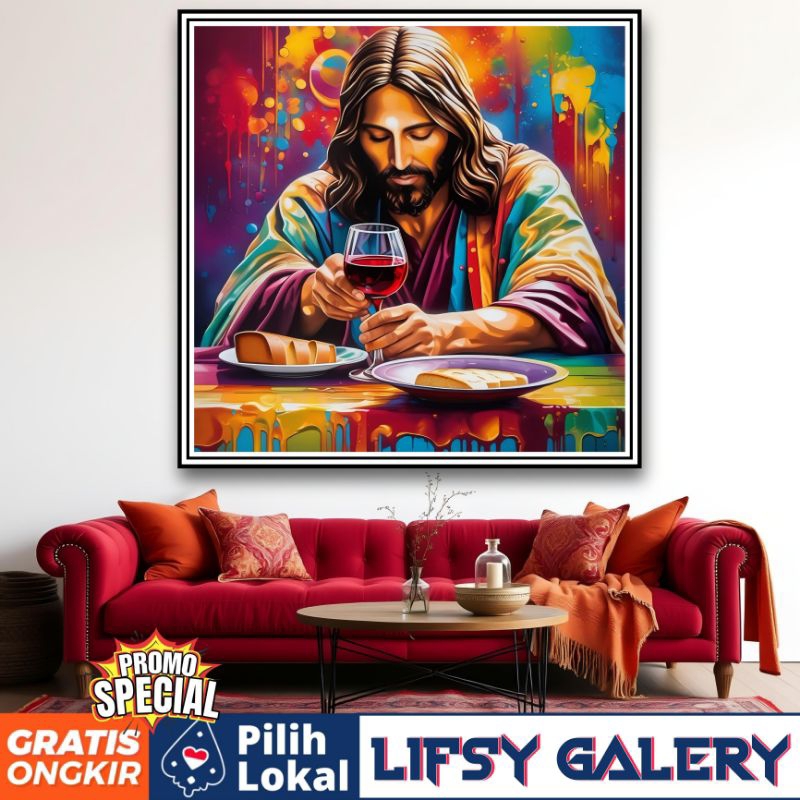 Cetak poster hiasan dinding Yesus Perjamuan Terakhir Anggur dan Roti dekorasi rumah ruangan Tamu kam