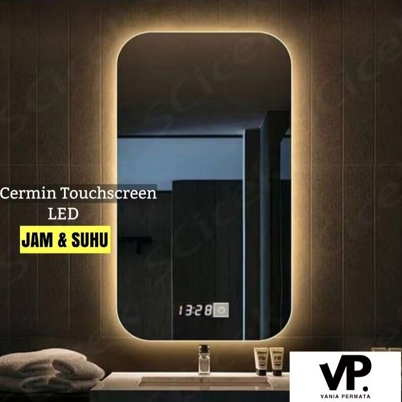 Cermin Dinding Lampu Led Touch Jam Digital Suhu Kaca Wastafel Toilet Kamar Mandi Cermin Rias Makeup 