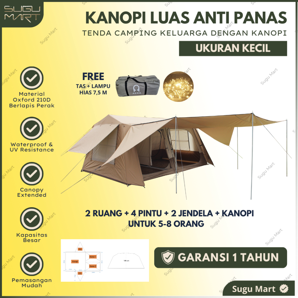 Tenda Camping Keluarga 2 Ruang 5 - 8 Orang Double Layer | Tenda Camping Keluarga Waterproof | Tenda 
