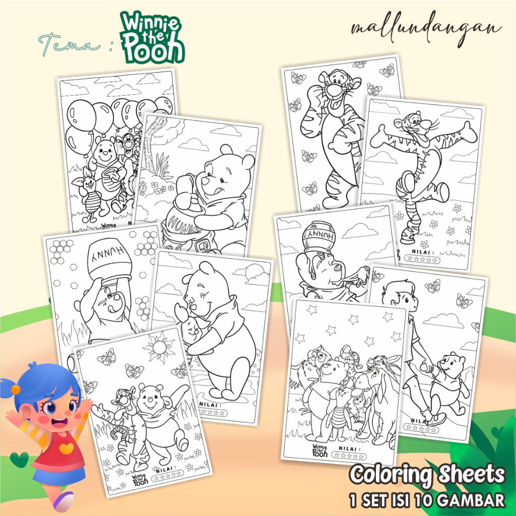 

LEMBARAN MEWARNAI ANAK A4 - KERTAS GAMBAR UNTUK ANAK TEMA WINNIE THE POOH - PAPER COLORING SHEETS FOR KIDS