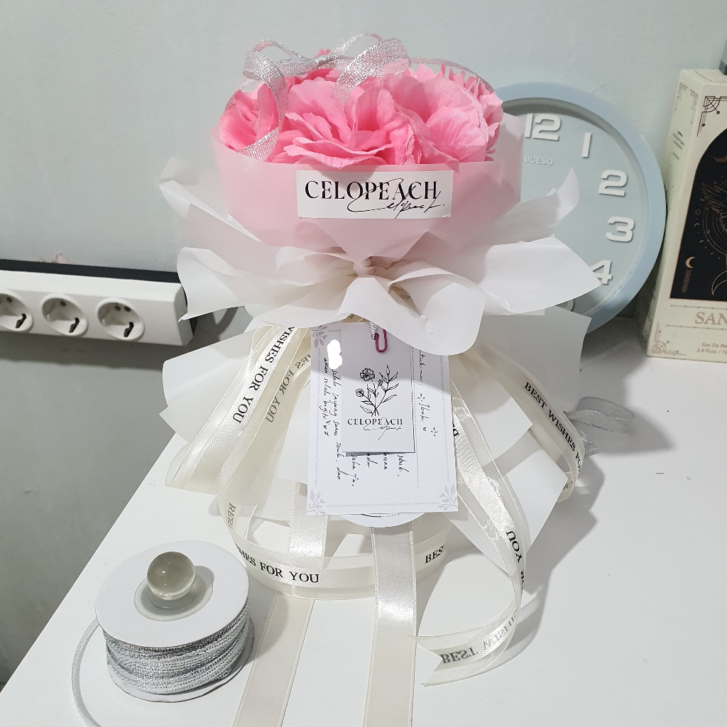 Buket Bunga Artificial Mawar Pink Putih