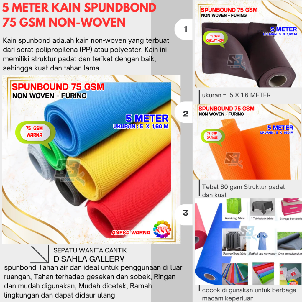 5 METER KAIN SPUNBOND 75 GSM LEBAR 160 CM METERAN KAIN NON WOVEN SPUND BOND PUR BAHAN GOODIE BAG TOT