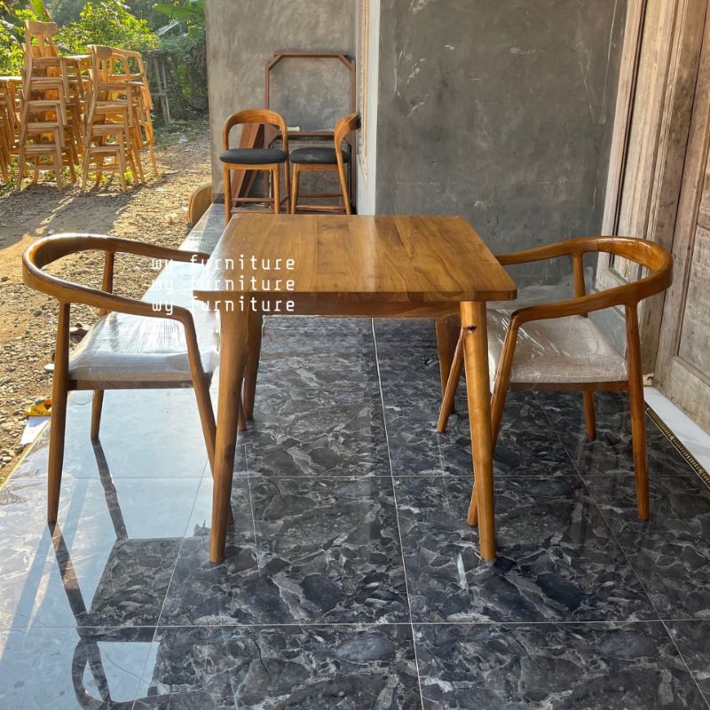 meja makan cafe minimalis kayu jati, meja cafe 2 kursi kayu jati, meja cafe murah kayu jati