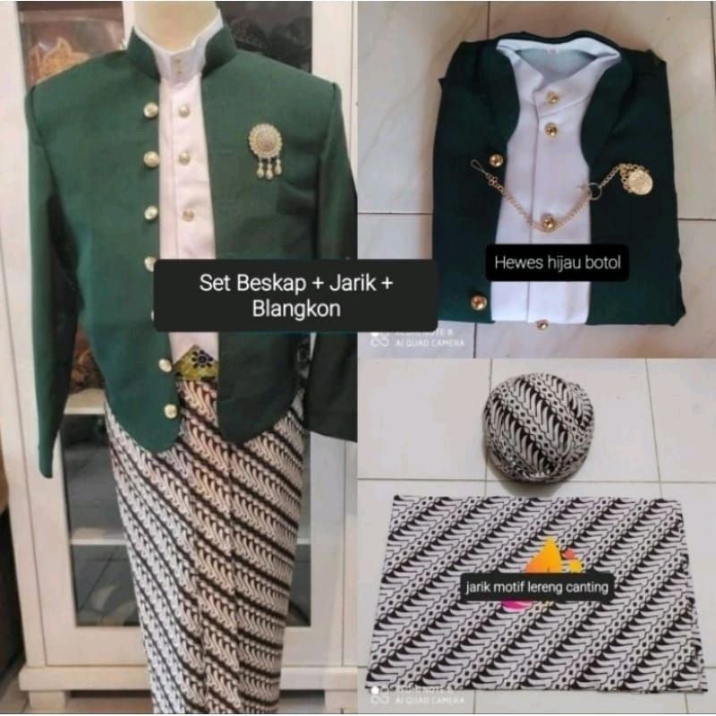 [1 Set] Beskap Hewes Hijau Botol + Jarik Instan + Blangkon/ Setelan Baju Adat Jawa Pria, FREE BROS B
