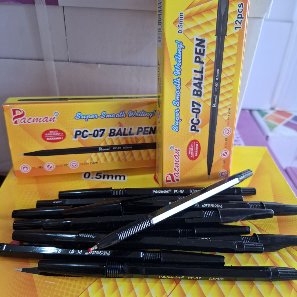 

1 LUSIN - PENA HITAM ANTI MACET PACMAN PC-07 BALLPEN PULPEN 0,5MM