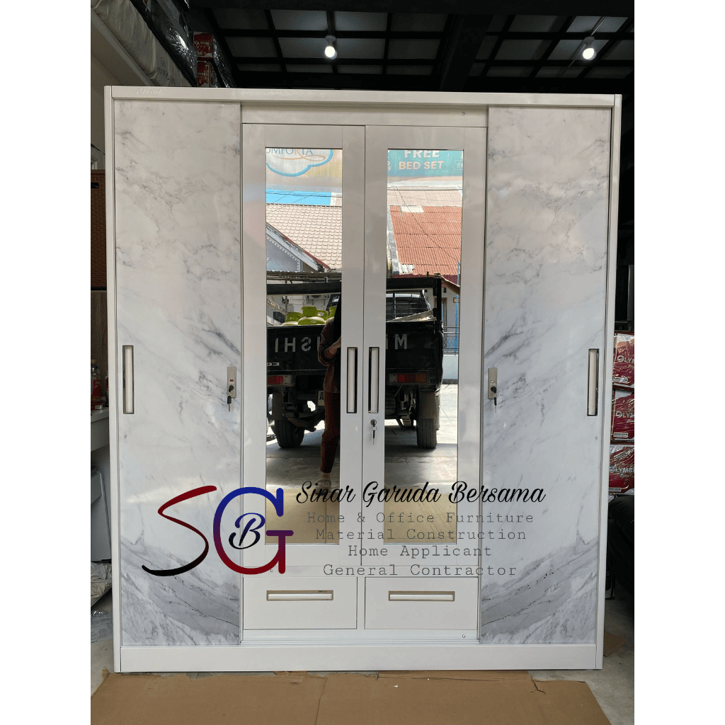 LEMARI PAKAIAN PLAT BESI 4 PINTU SLIDING + SWING MOTIF MARMER / LEMARI BAJU 2 LACI 4 PINTU 2 KACA PA
