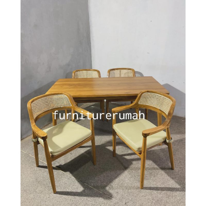 set meja makan 4 kursi rotan kayu jati minimalis, meja makan jati 4 kursi rotan minimalis