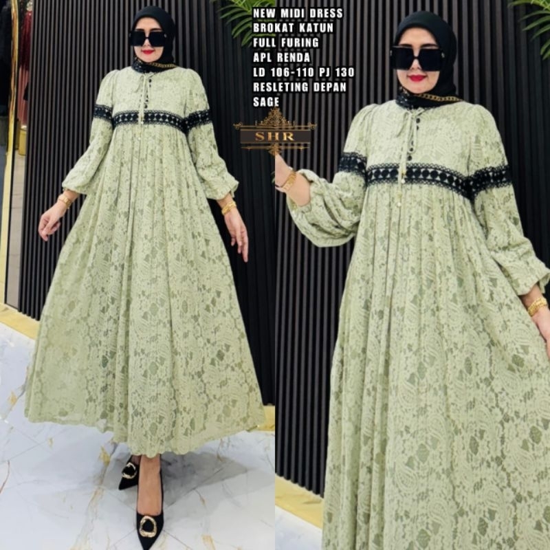 New Midi dress  bahan brokat katun full furing,  SHR ORI