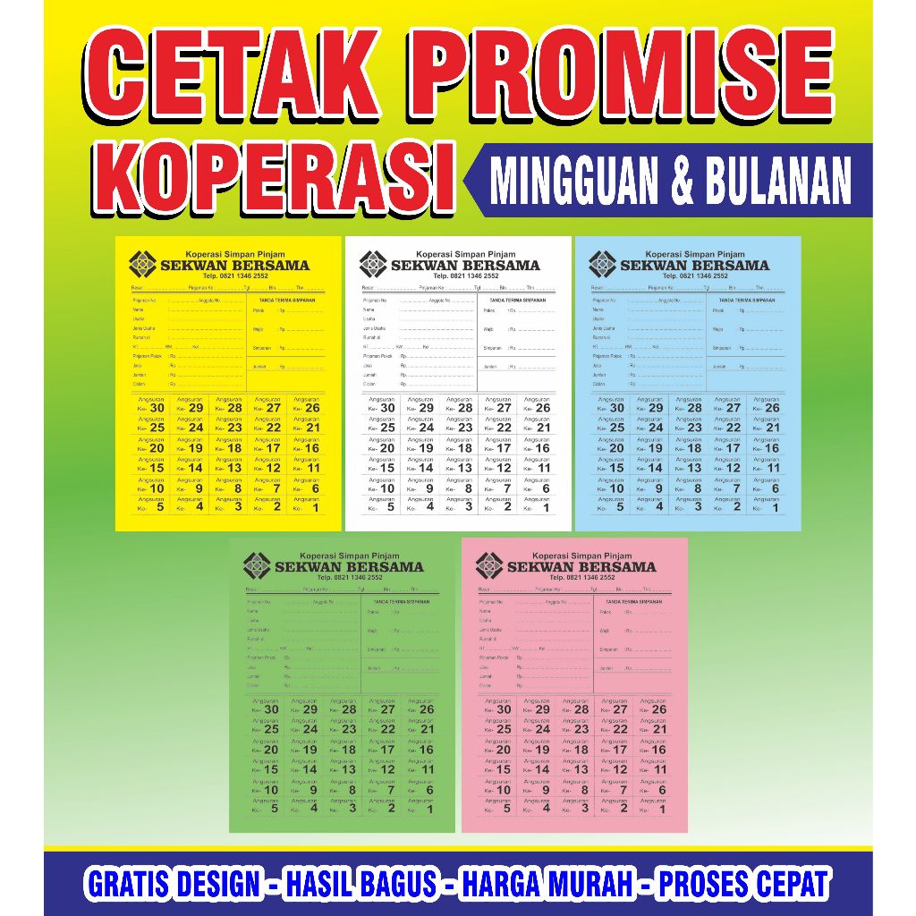 

100 lembar Cetak promise angsuran koperasi kertas warna - merah/pink, GRATIS porporasi