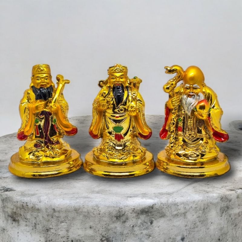 Patung Fu Lu Shou Resin Emas – Hiasan Keberuntungan Rezeki, Karier & Umur Panjang