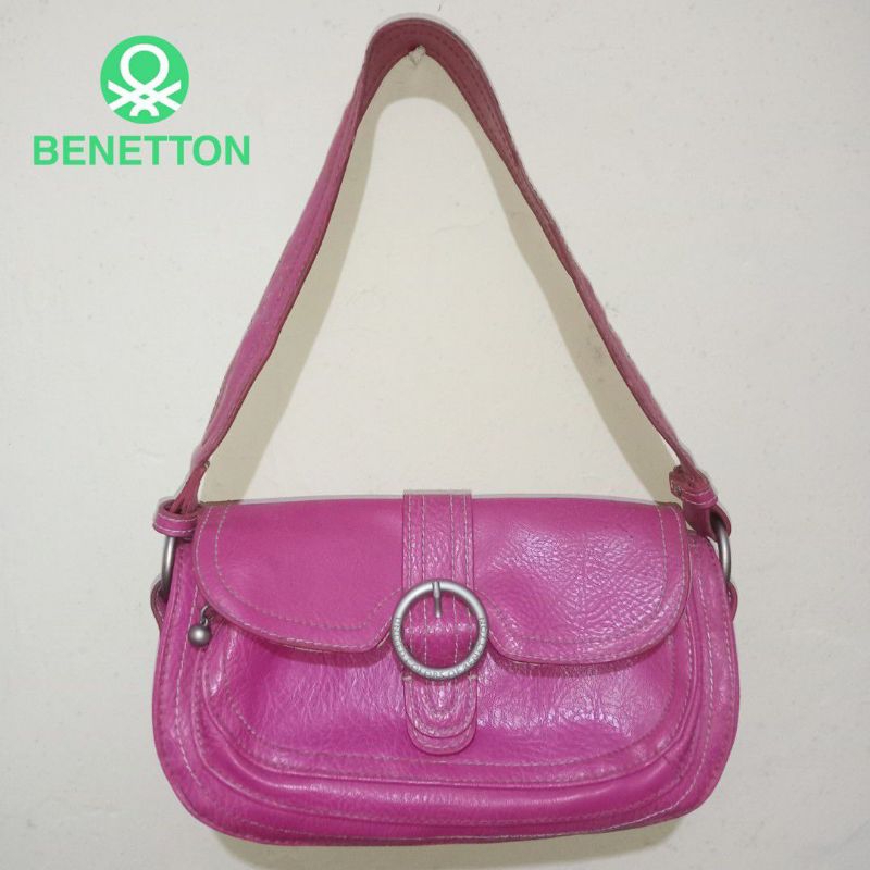 BENETTON UNITED COLORS TAS SHOULDER BAG LEATHER PINK FUCHSIA MERAH MUDA ORIGINAL AUTHENTIC