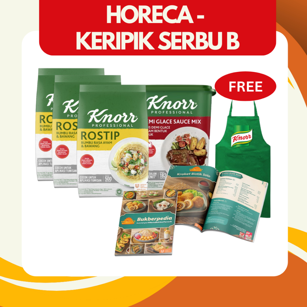 

[HORECA] Keripik Serbu B (Knorr Bumbu Penyedap Rostip Pouch 200G (X3) + Knorr Saus Demiglace Tub 1kg - Buku Menu + Apron)