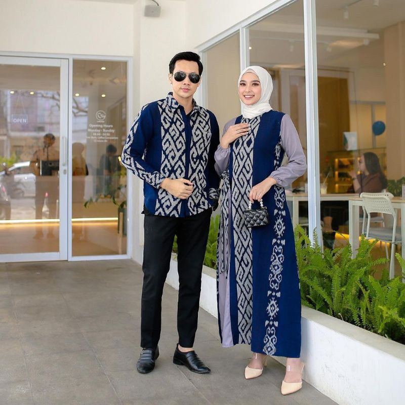 BAJU COUPLE PASANGAN KONDANGAN MUSLIM  BIRU TENUN ETNIK TERBARU