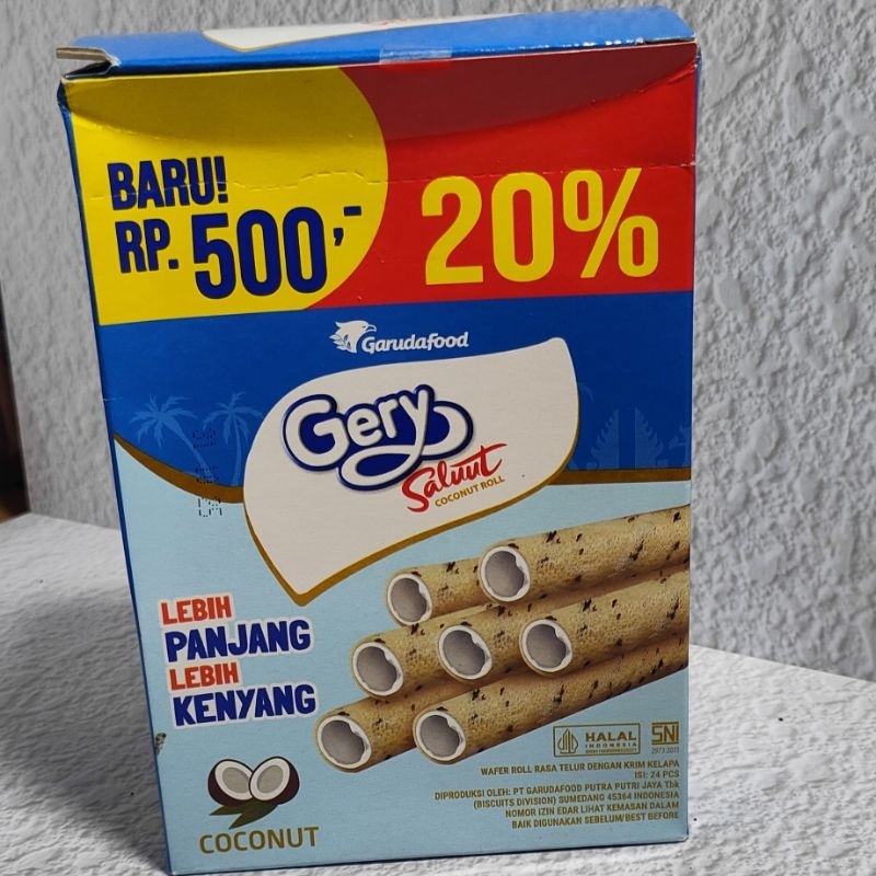 

[1 box] Garuda Gery Salut Coconut Roll Wafer Roll Rasa Telur Dengan Krim Kelapa enak Lezat Termurah Harga Grosir Snack Camilan Anak Terlaris