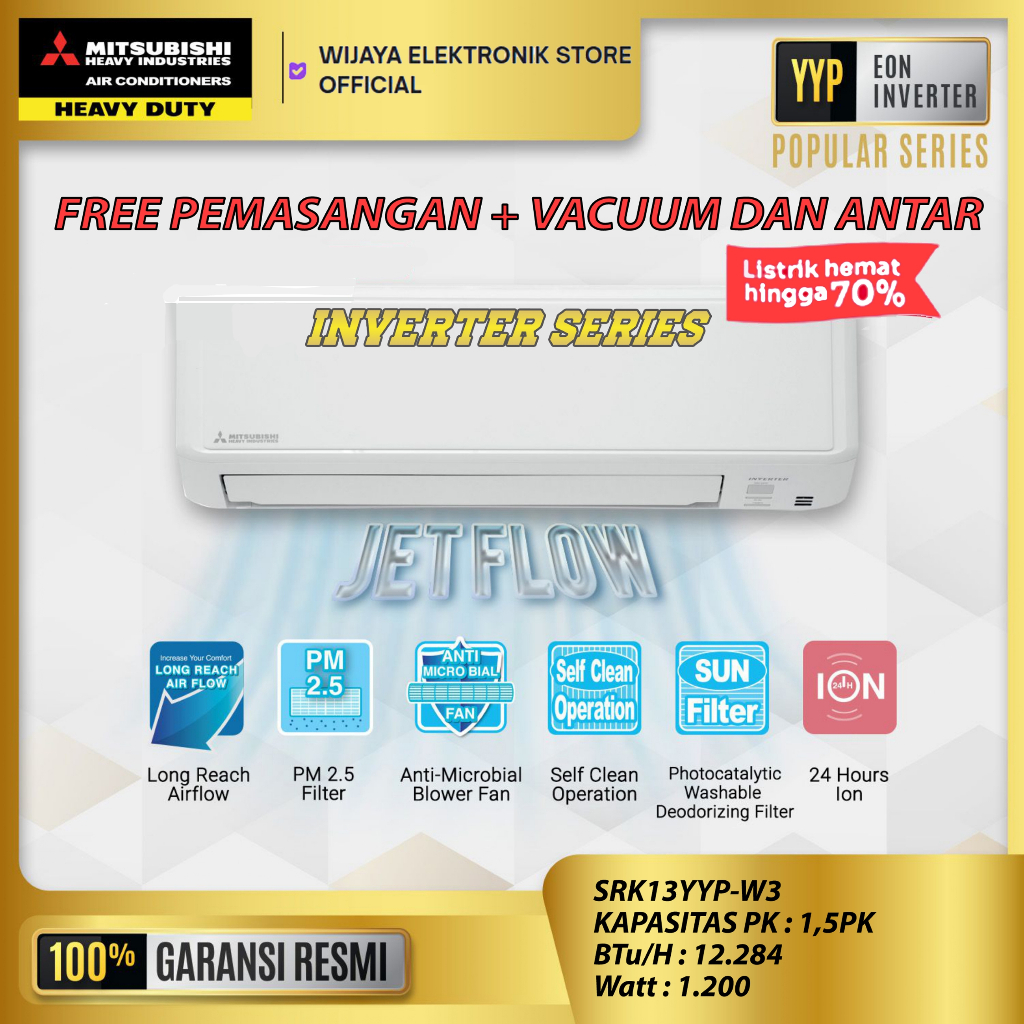 AC Inverter Mitsubishi SRK13YYP-W3 + PASANG DAN ANTAR / Mitsubishi INVERTER 1,5 PK Popular Series