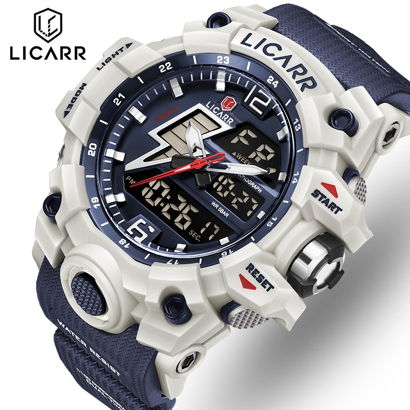 LICARR Jam Tangan Pria Keren Olahraga Analog Digital Santai Anti Air Kuarsa Multifungsi Jam Tangan C