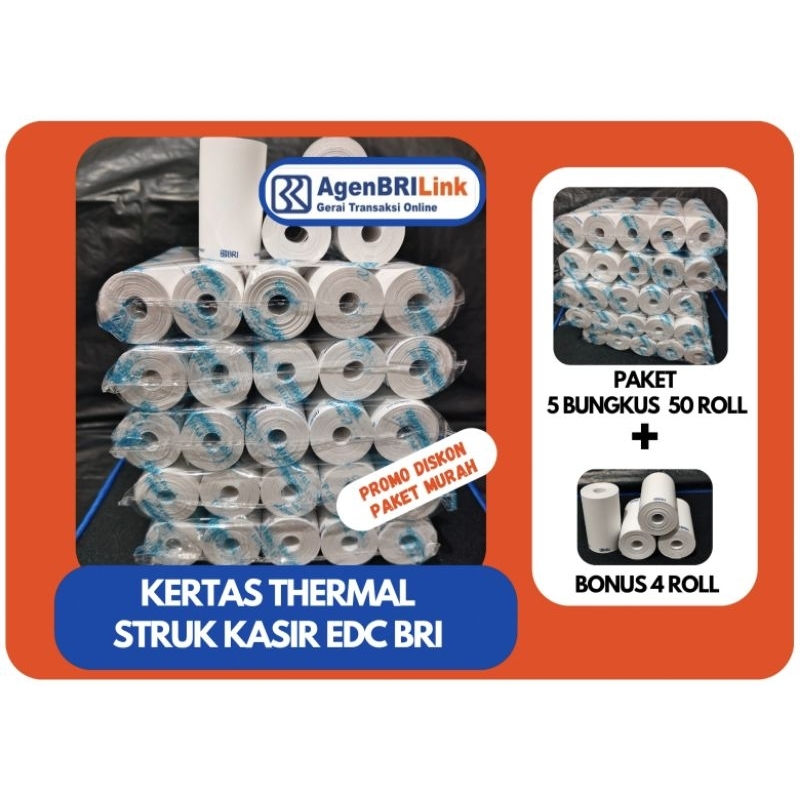 

50 Roll Kertas Thermal Struk BRILINK, Bukti trasfer (57mm x 30mm) Paket 5 Bungkus (50 Roll + 4 Roll)