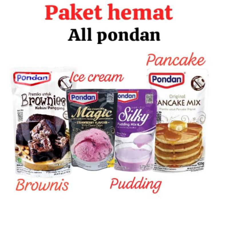 

PAKET HEMAT ALL PONDAN - Brownis, Pudding, Ice Cream, Pancake Mix - Lengkap untuk Cemilan Manis!