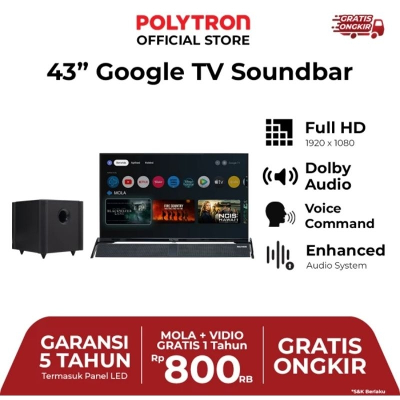 TV LED POLYTRON 43 INCH SOUNDBAR YOU TUBE TV LED POLYTRON 43BG9058 SMART ANDROID 43INCH + SOUNDBAR