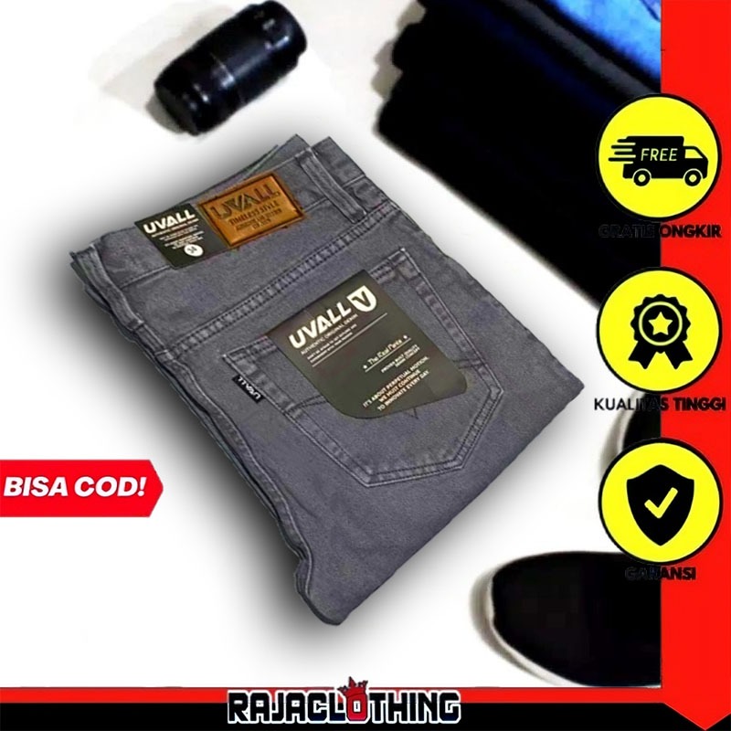RCL - Celana Regular Panjang Jeans Abu Uvall Standar Straight Pria Ukuran Jumbo - (28-38)