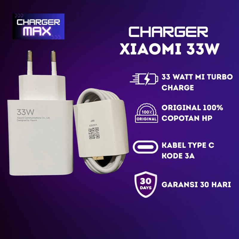 Charger Xiaomi 33W Original 100% Copotan HP Type C Fast Charging Redmi Note 9pro, 10, 10pro, Note 13