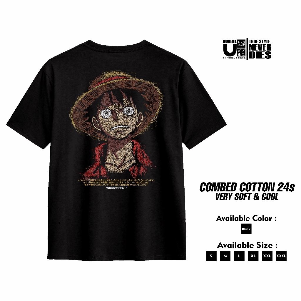 Double U Apparel Tshirt One Piece Monkey D. Luffy - Kaos T shirt Hitam Scribbel OP01