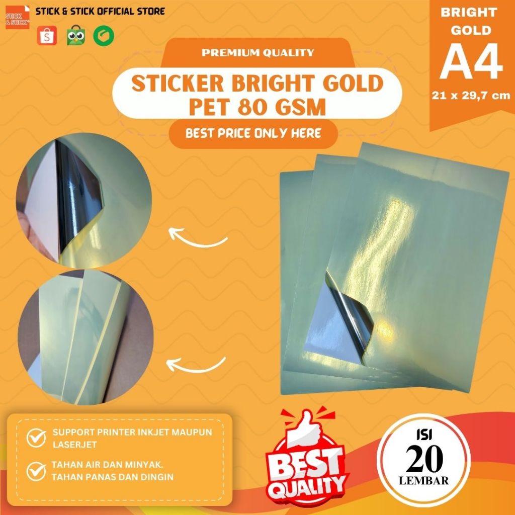 

Sticker Bright Gold PET A4 80 Gsm A4 Isi 20 Lembar Premium Quality