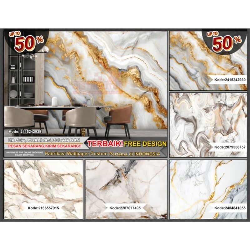 Wallpaper Custom 3D Tema Marmer | Wallpaper Dining Room | Wallpaper Ruang Makan Marmer | Wallsticker