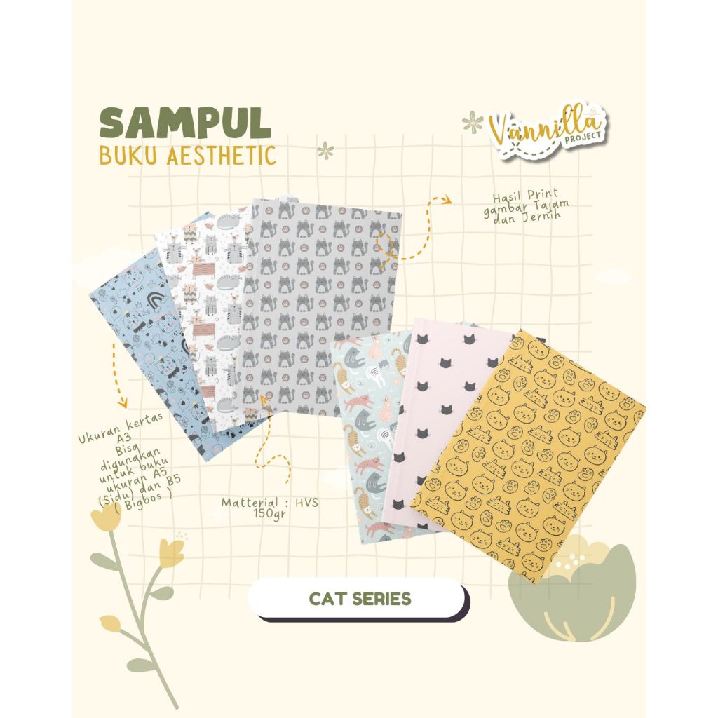 

8 Lembar Sampul Buku Aesthetic A5 & B5 Cat Kucing Pattern Series Vannilla Project