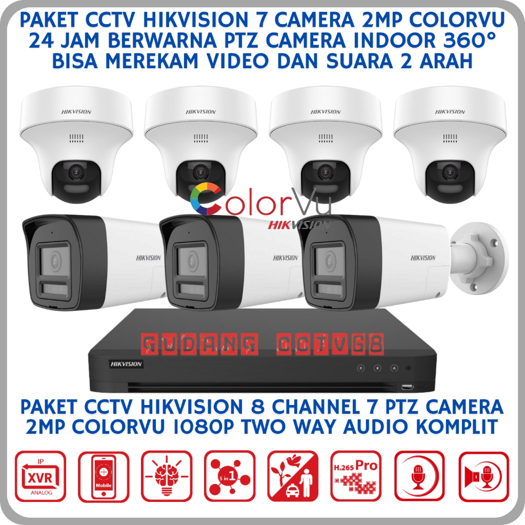 PAKET CCTV HIKVISION 7 CAMERA 2MP COLORVU TWO WAY AUDIO SERIES 1080P CAMERA CCTV SUARA 2 ARAH 360°