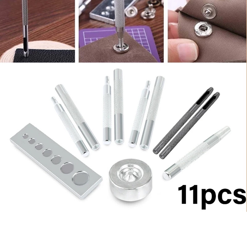 

11Pcs/Set Alat Pasang Kancing Snap besi Alat Ukir / Stempel Kulit Untuk Kerajinan Tangan - DIY Leather Craft - Alat Kerajinan Kulit - Pembolong Dan Matras Alas Getok Ketok Manual Snap Button