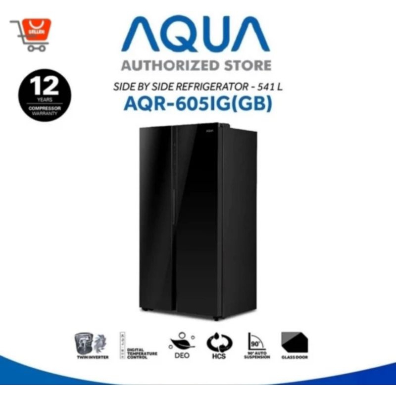 KULKAS SIDE BY SIDE AQUA BLACK GLASS AQR605IG