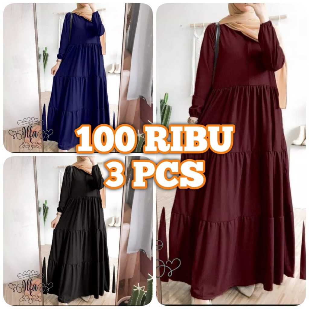 PROMO Gamis Wanit Kekinian 100 RIBU 3 PCS Gamis Polos Gamis Susun Rempel