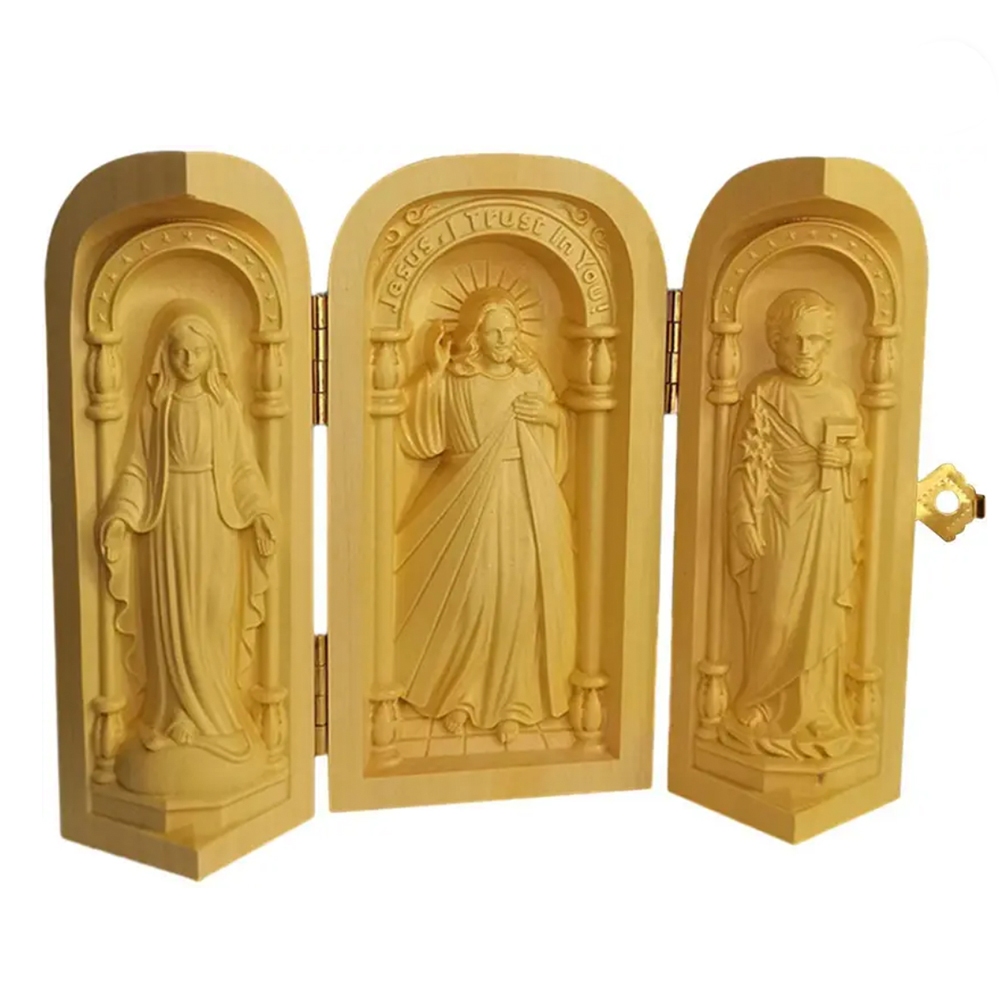 Pajangan Katolik Kayu Ukir 3D Lipat Halus Tuhan Yesus Bunda Maria Yosef Souvenir Hiasan Rohani