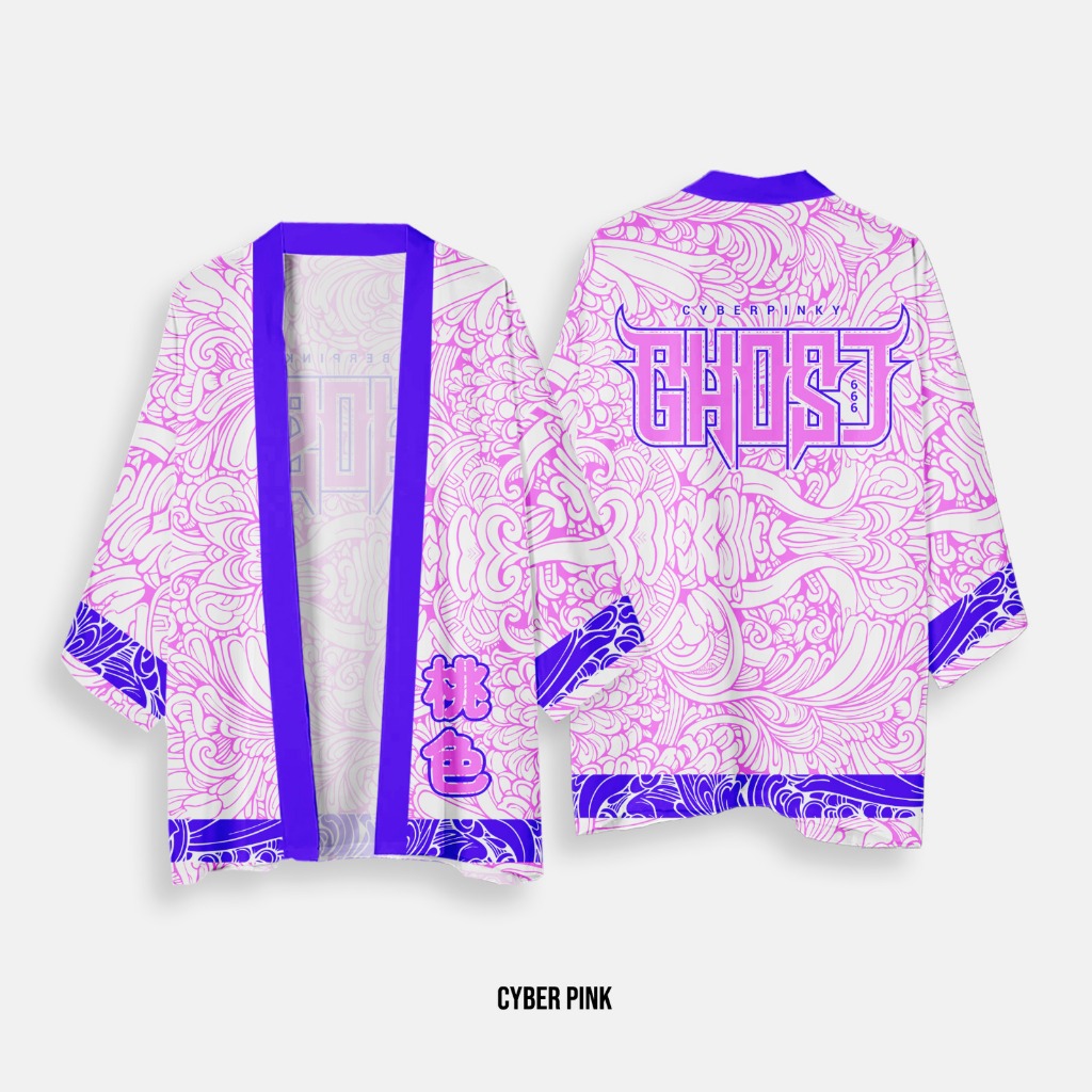 Haori Kimono Outer Outwear Casual  FullPrint Cyber Pink