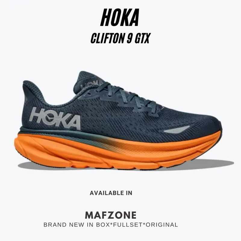 HOKA Clifton 9 GTX Mens Running - Stormy Skies / Orange Zest