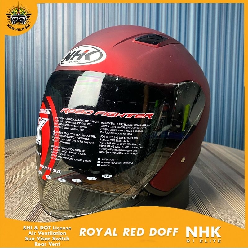 NHK R1 Elite Red helm half face design sporty dengan single visor light smoke dan intercom support