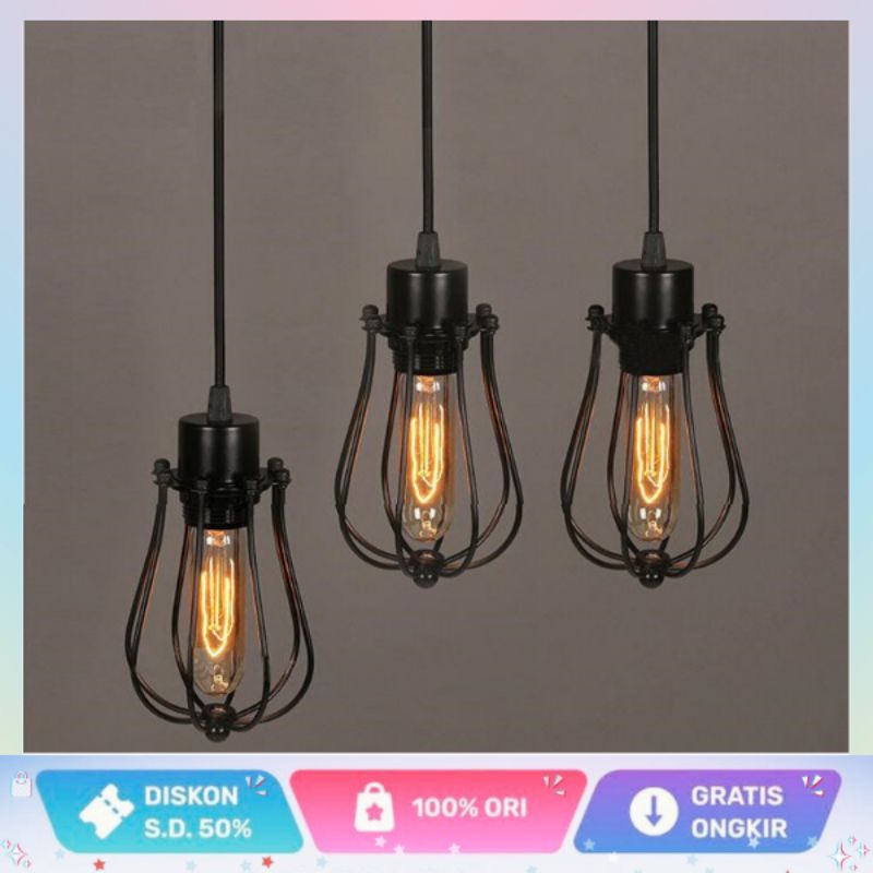 Slot Holder Cup Lampu Gantung Vintage Chandelier Iron Hanging Lamp E27 Hitam Minimalis - Slot Holder