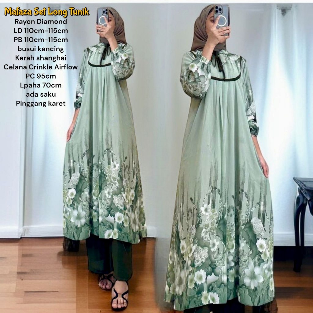 Mafaza Set Tunik  - One Set Wanita Tunik Rayon Diamond Setelan Wanita Kekinian Celana Kulot LD 110cm