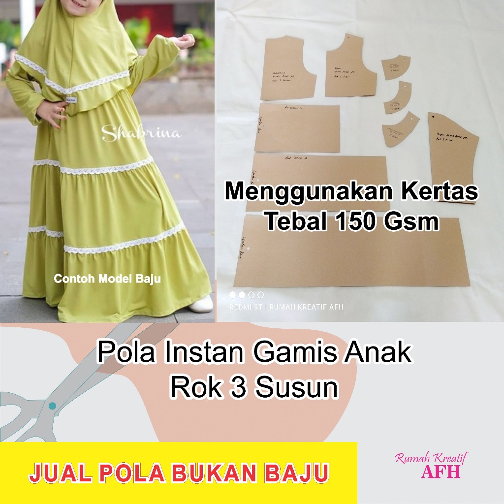 Pola Instan Gamis Anak Perempuan Rok 3 Susun | Pola Baju Anak Perempuan