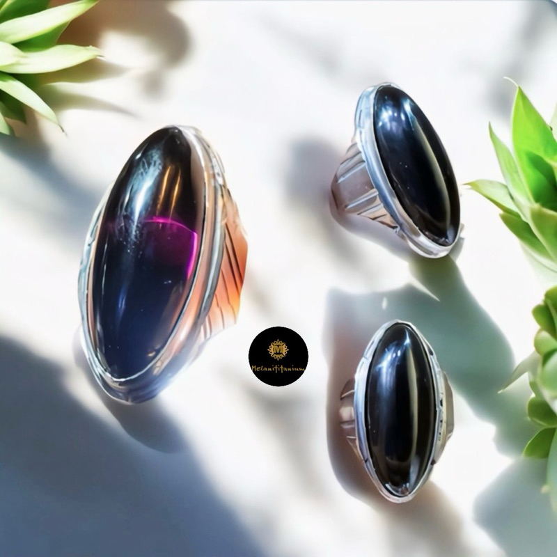 Cincin Batu Kecubung Wulung Pandan/Panjang Ring Baja Putih Monel