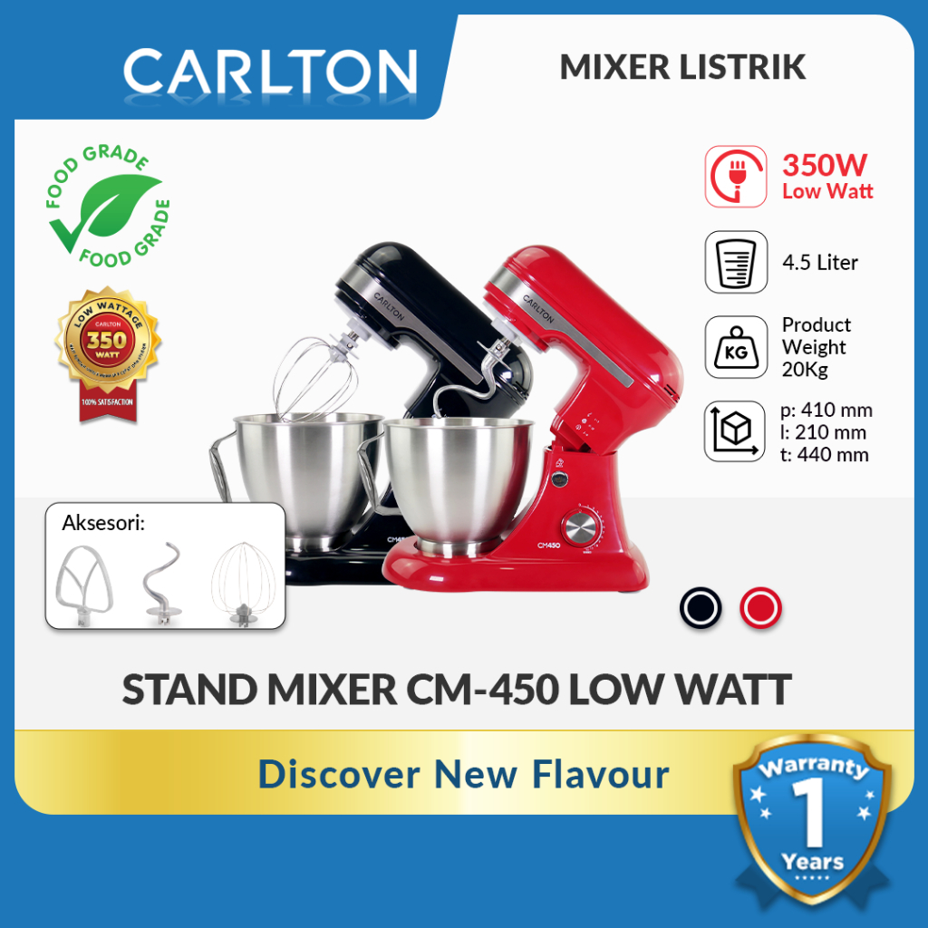 CARLTON Mixer Listrik 4,5 Liter 350 Watt Stand Mixer Kue dan Roti Mixer Adonan Roti dan Tepung