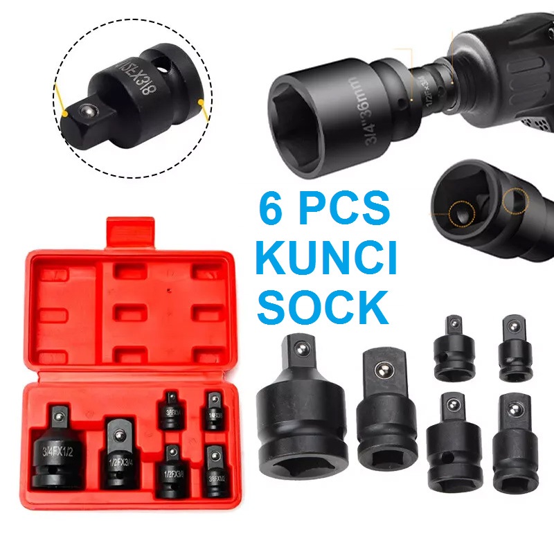 KUNCI SOCK RACHET 6 PCS CONVERTER ADAPTOR MATA SOK STANG L IMPACT SET 1/4 3/8 1/2 3/4 SAMBUNGAN SOKE