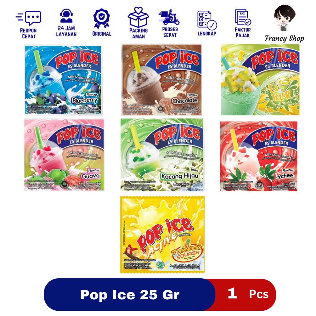 

Pop Ice Minuman Es Blender Rasa Blueberry / Chocolate / Es Teler / Jambu Guava / Kacang Hijau / Leci / Tornado Squash Eceran 1 Sachet 25 gr