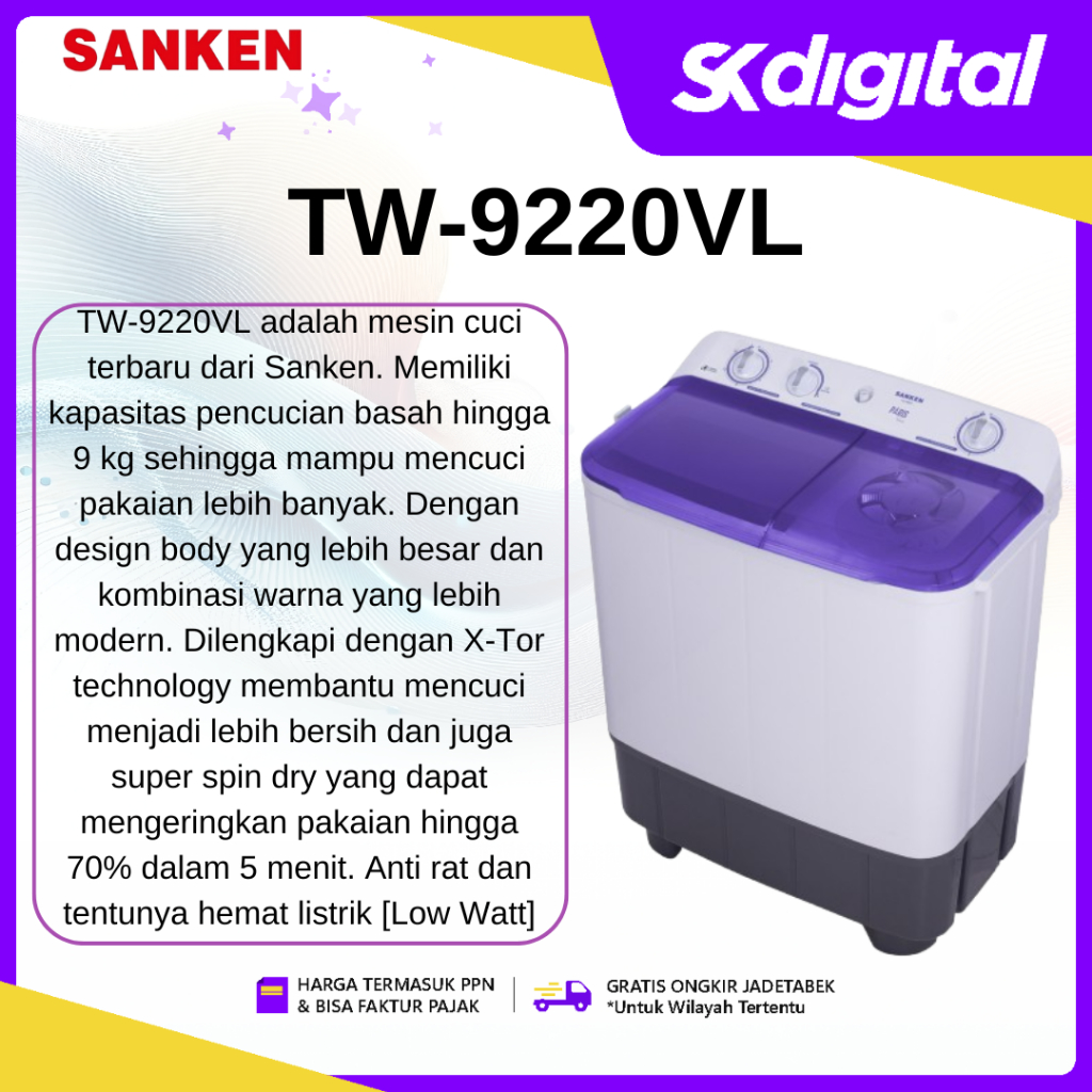 Mesin Cuci SANKEN TW-9220VL Mesin Cuci 2 Tabung 7 KG TW9220VL