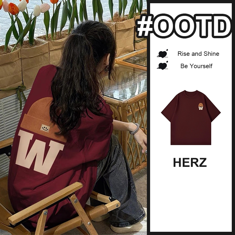 baju burgundy kaos t-shirt lengan pendek oversize cewek kece merah polos bulat korean style kaos ove