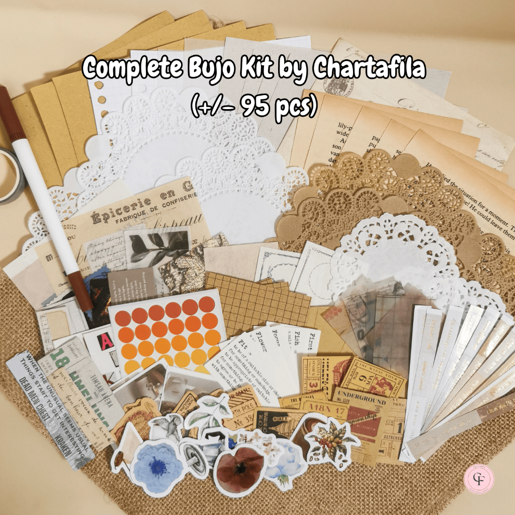 

95+ Bujo Kit Chartafila Complete - Scrapbook / Journaling Set - Vintage Paper Bullet Journal / Jurnal Lengkap Washi Tape Brush Pen Memo