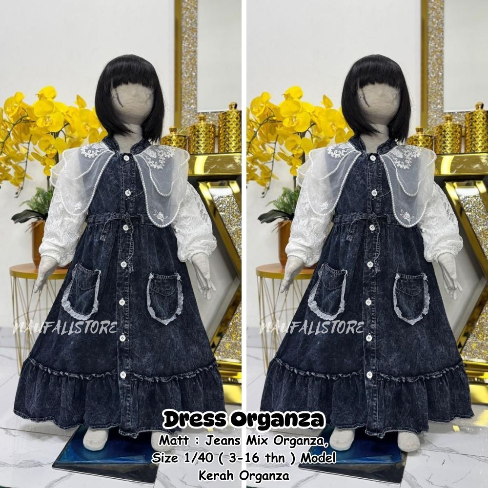 Dress Organza Butterfly Snowblack Full Jeans Anak Usai 3-16 Tahun Bahan Jeans Mix Organza Import / D