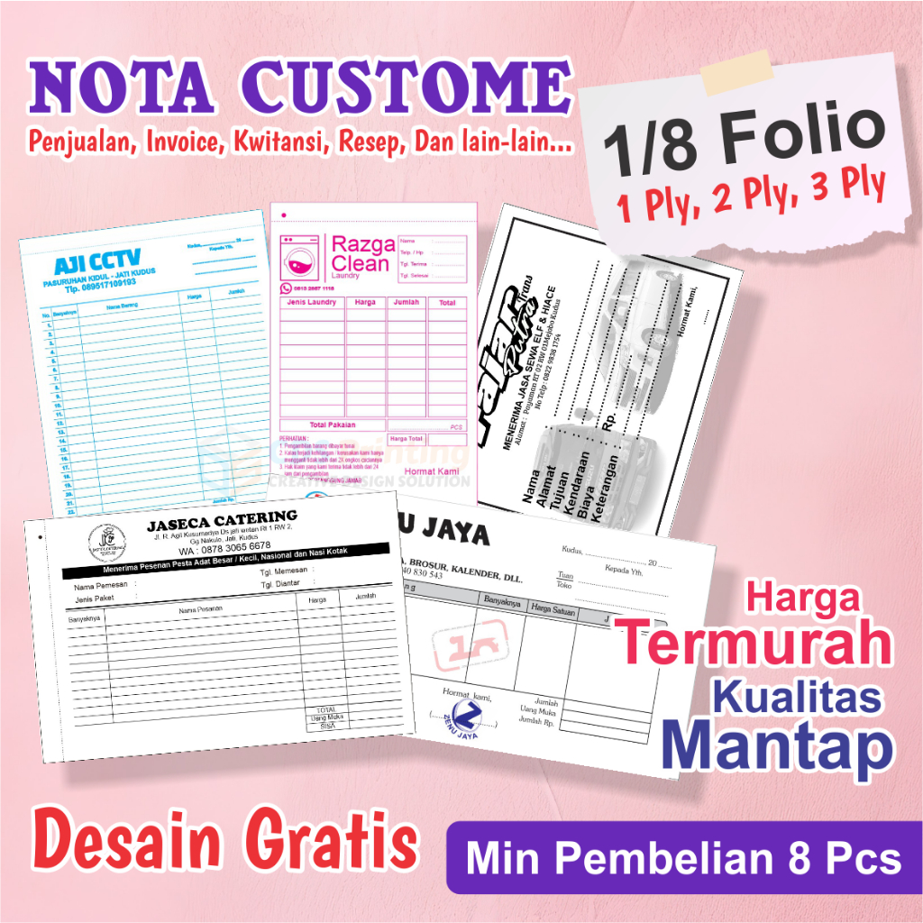 

Nota custom warna 1/8 folio isi 100lbr, Nota Customer - Penjualan, Invoice, Kwitansi dan lainnya