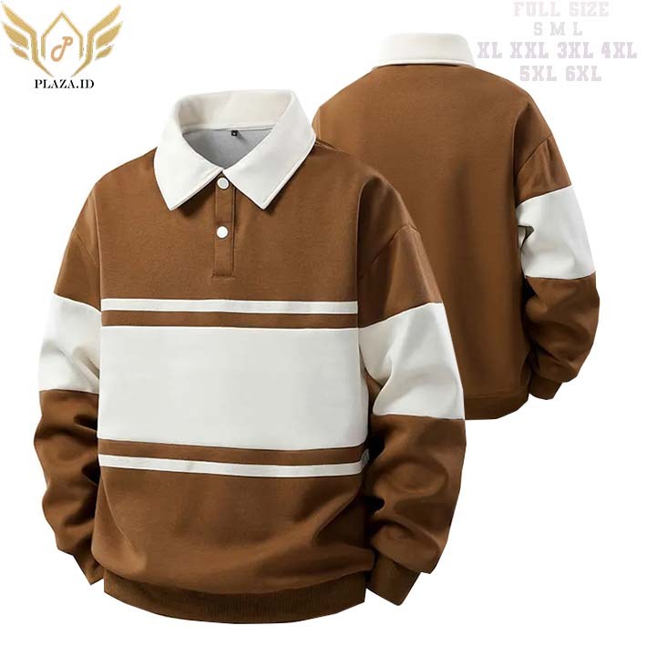 S M L XL 2XL 3XL 4XL 5XL 6XL .SWEATER HALF.Sweater Rugby Kancing List Kombinasi COKLAT TUA PUTIH Swe